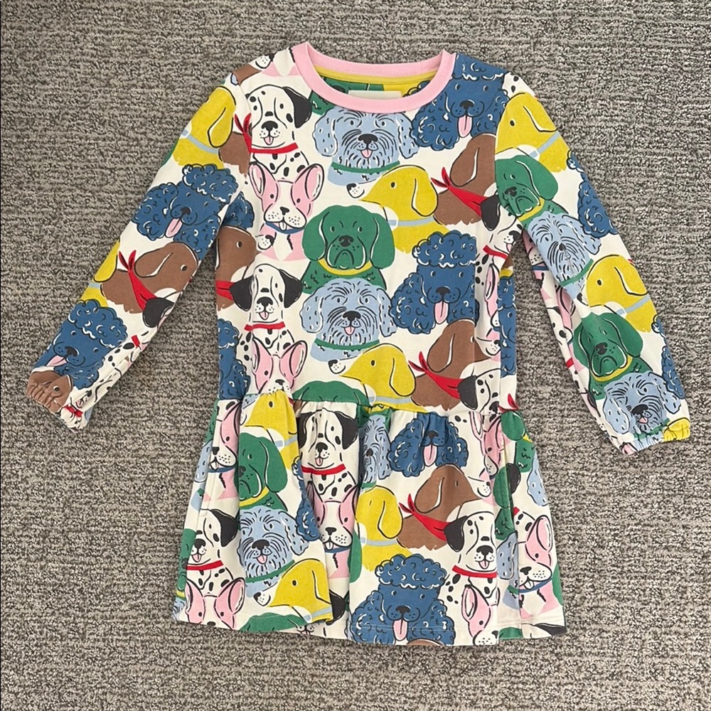 Mini Boden Colorful Dog Print Long Sleeve Dress size 7-8y